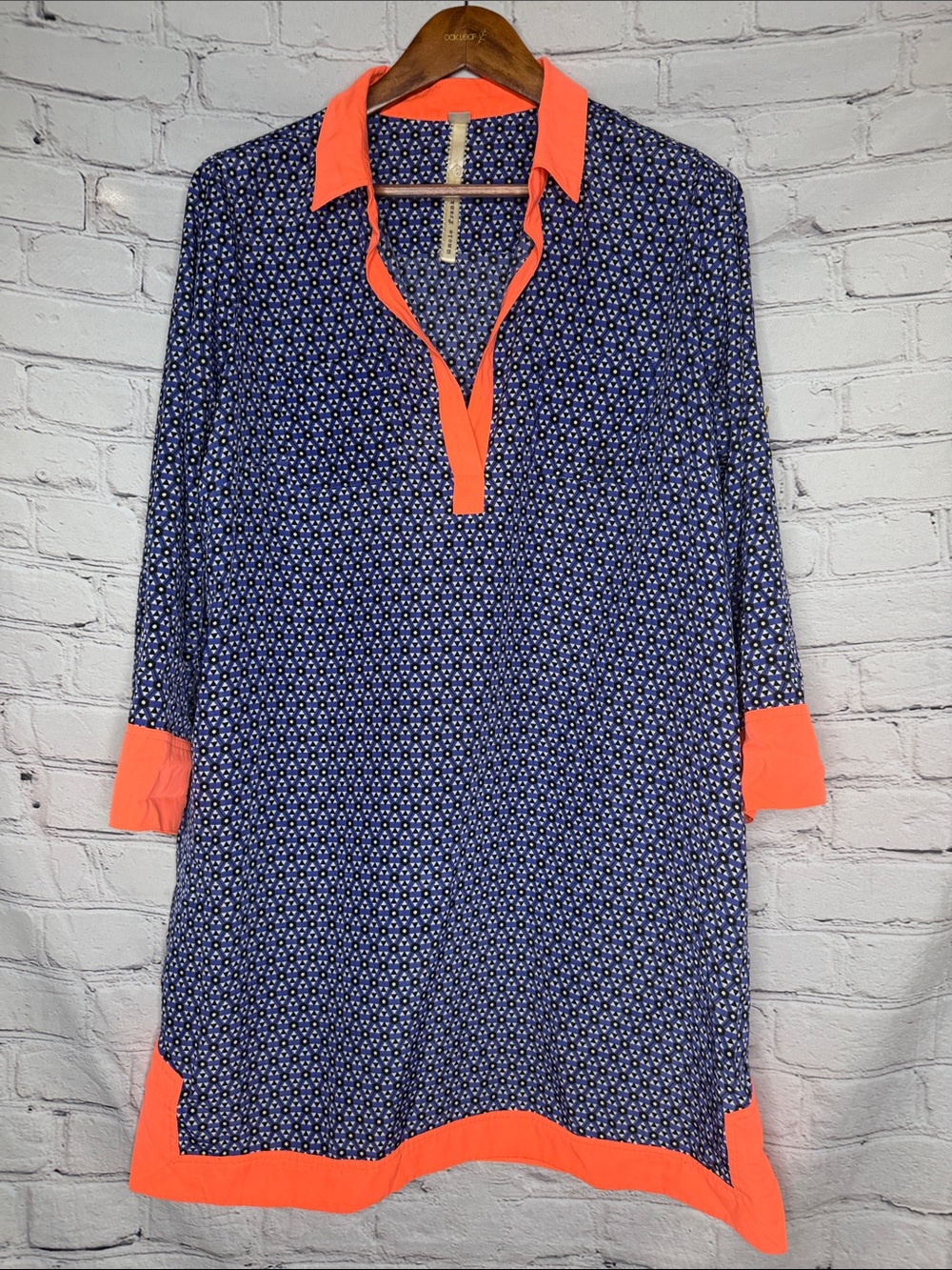 Uncle Frank Purple Blue Neon Orange Trim Collared Tunic Dress Size Large